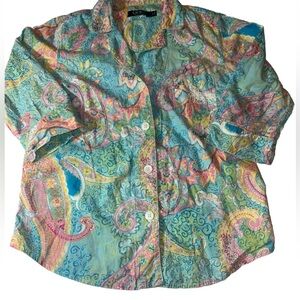 Ralph Lauren Pajama Shirt Women M Pink Blue Paisley Embroidered Logo 3/4 Sleeve